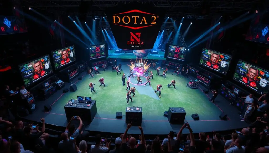 Dota 2 championship match with hero characters battling