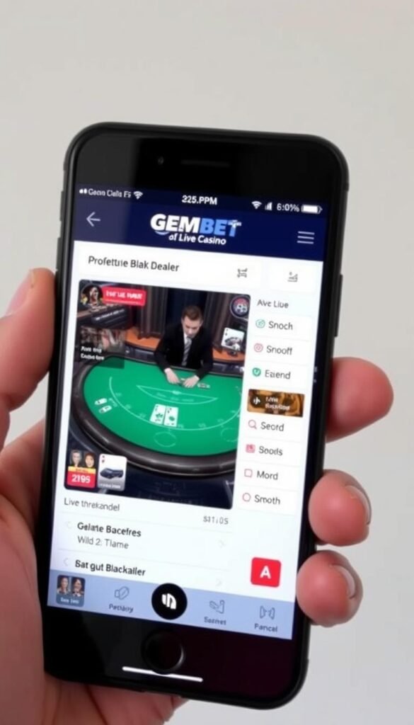 GemBet Live Casino mobile app interface on smartphone GemBet Live Casino mobile app interface on smartphone