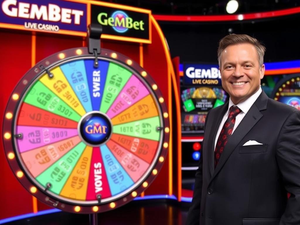 GemBet Live Game Show with colorful wheel and host GemBet Live Game Show with colorful wheel and host