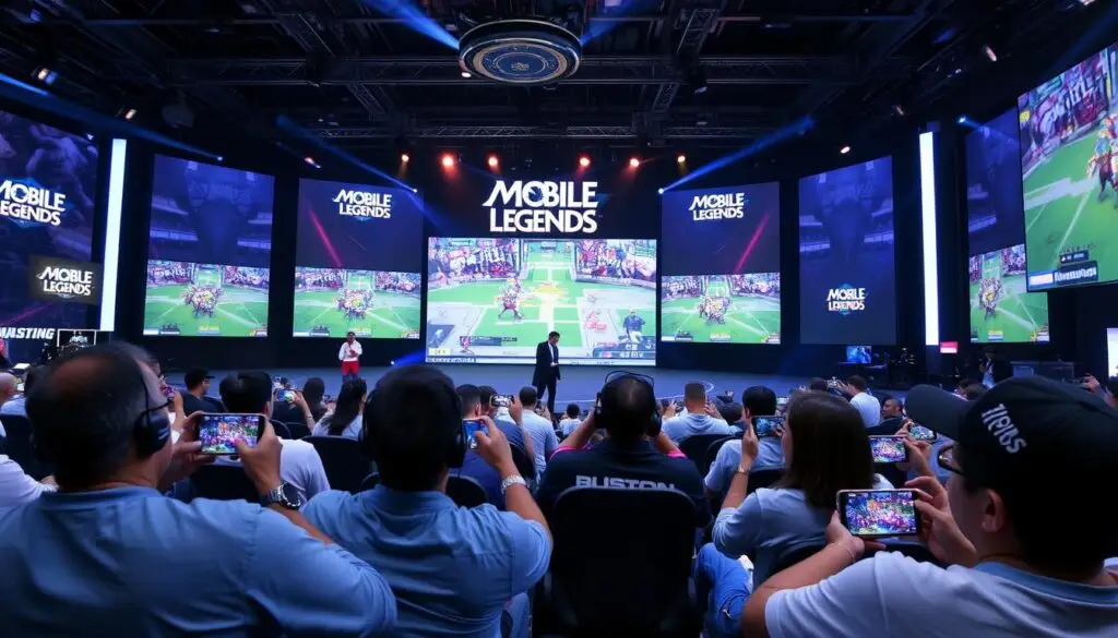 Mobile Legends tournament with players on mobile devices