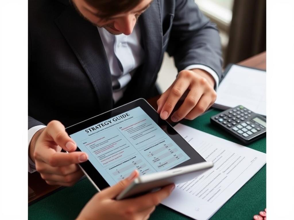 Player studying casino game strategy guide Player studying casino game strategy guide